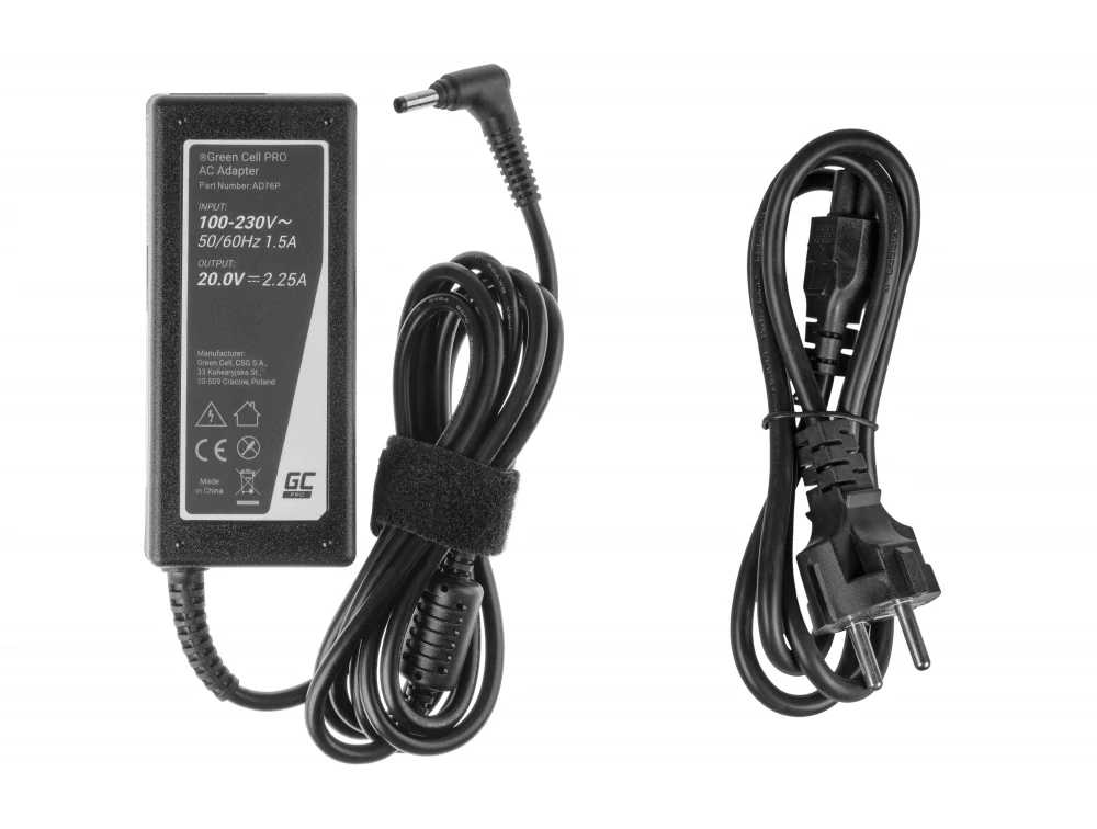 *Green Cell AD76P Nabíječka Adaptér pro Lenovo IdeaPad 100 110 Yoga 510 520 | 45W 20V 2.25A | konektor 4.0mm-1.7mm
