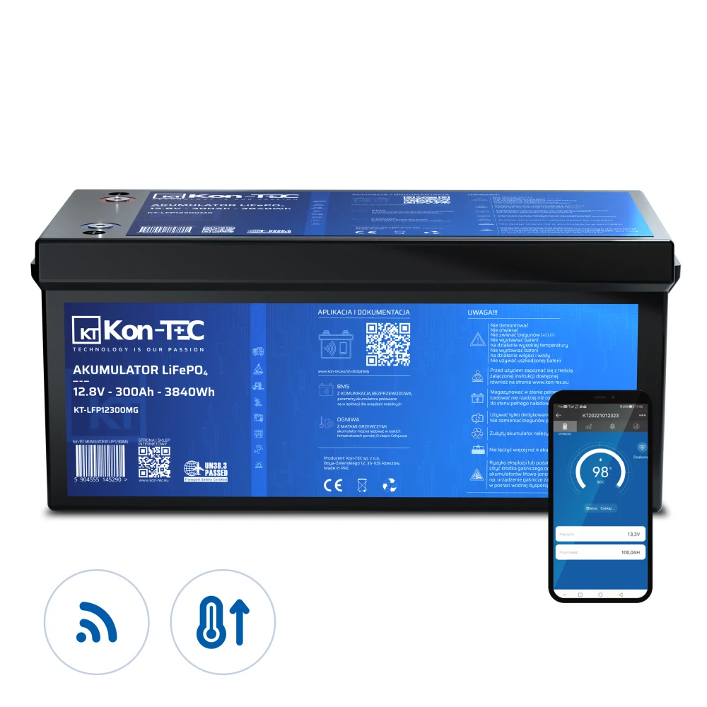 ❄️Baterie Kon-Tec Blue Line KT-LFP12300 Lithium-železo-fosfátová LiFePO4 baterie 12V, 12,8V 300Ah, 3840Wh - Wireless BMS System + funkce ohřevu baterie