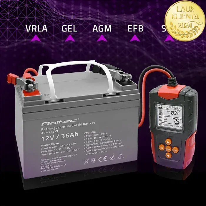 *Qoltec 52484 Digitální tester baterií s LCD displejem | 12V | 24V | 3Ah-200Ah