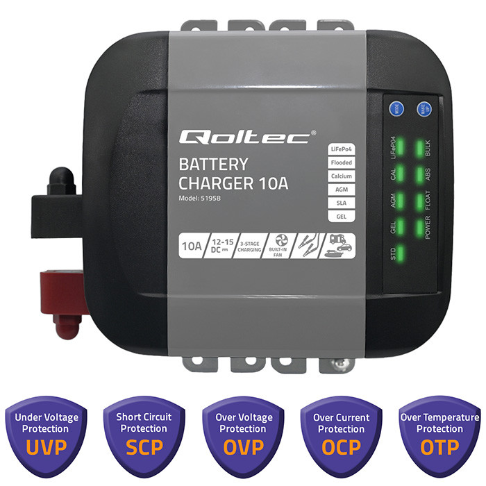 *Qoltec 51958 Intelligent Monolith nabíječka pro LiFePO4 AGM GEL SLA baterie | 10A | 12V