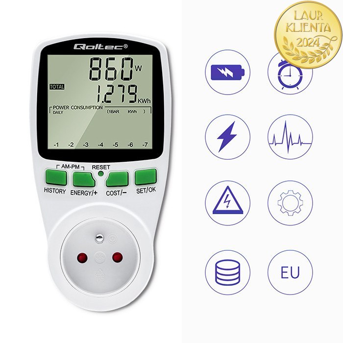 *Qoltec 50627 Měřič spotřeby energie Qoltec PM0627 s historií měření | 3680W | 16A | LCD