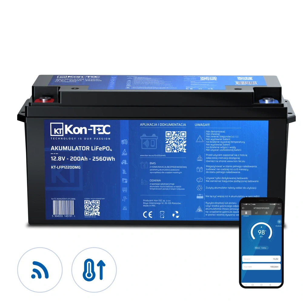 ❄️Baterie Kon-Tec Blue Line KT-LFP12200 Lithium-železo-fosfátová LiFePO4 baterie 12V, 12,8V 200Ah, 2560Wh - Wireless BMS System + funkce ohřevu baterie