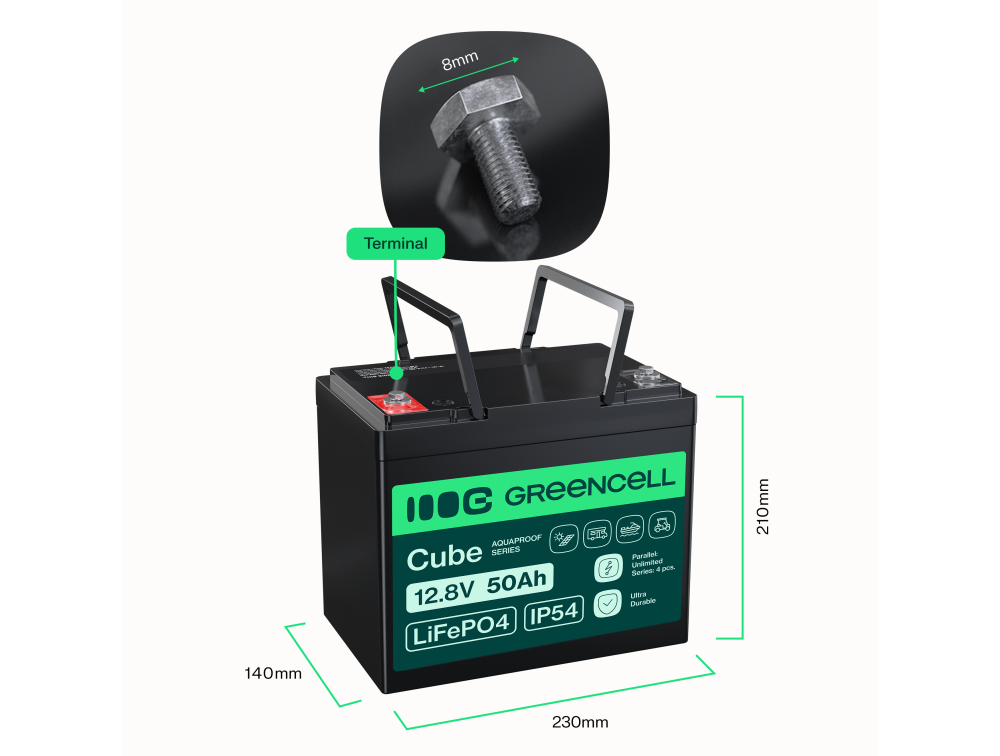 Baterie Green Cell CUBE LiFePO4 LFPGC12V50AH Baterie LiFePO4 12V, 12,8V 50Ah, 640Wh IP54 Lithium-železo-fosfátový Akumulátor pro Jachty, Golfový vozík, Invalidní vozíky a jiné