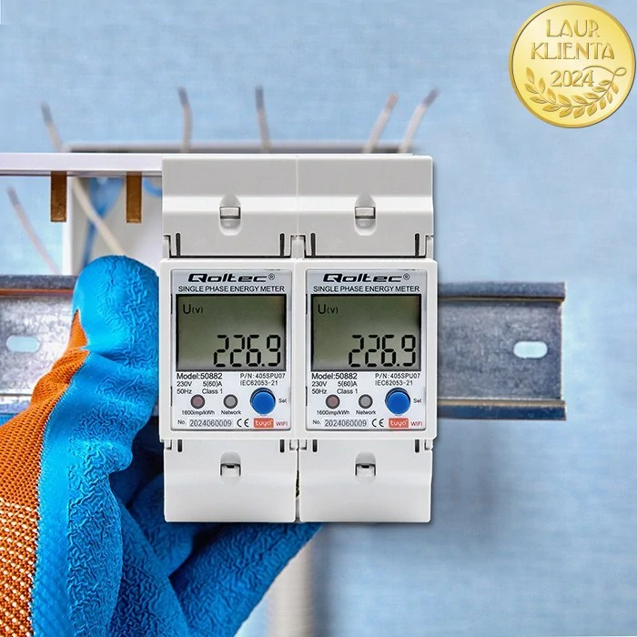 Qoltec 50882 Jednofázové elektronické počítadlo | měřič spotřeby energie na DIN lištu | Wifi | TUYA | 230V | LCD |