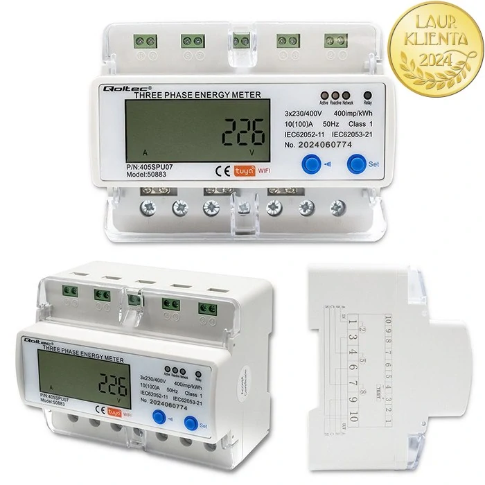 *Qoltec 50883 Třífázové elektronické počítadlo | měřič spotřeby energie na DIN lištu | Wifi | TUYA | 400V | LCD |