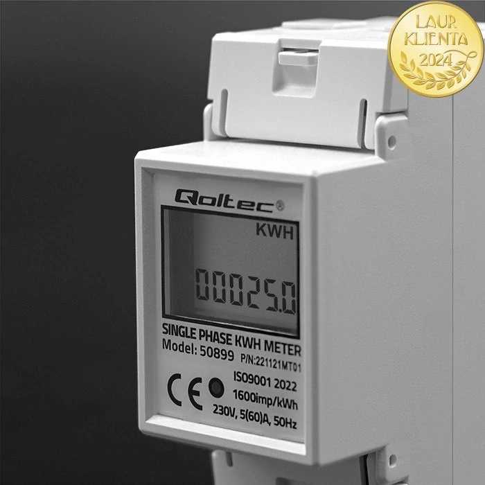 *Qoltec 50899 Jednofázové elektronické počítadlo | měřič spotřeby energie na DIN lištu | 230V | LCD | 2P
