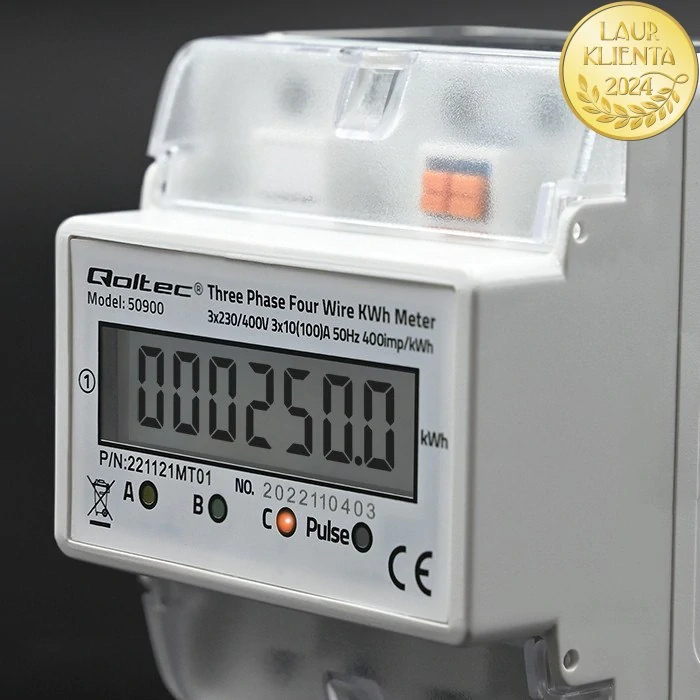 *Qoltec 50900 Třífázové elektronické počítadlo | měřič spotřeby energie na DIN lištu | 400V | LCD | 4P