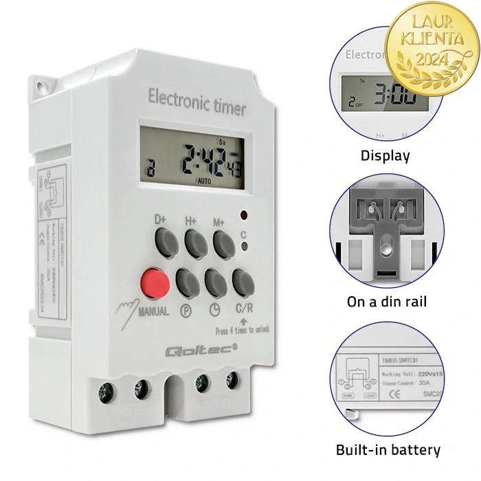 Qoltec 50629 Elektronický časovač PC0629 na lištu DIN | LCD