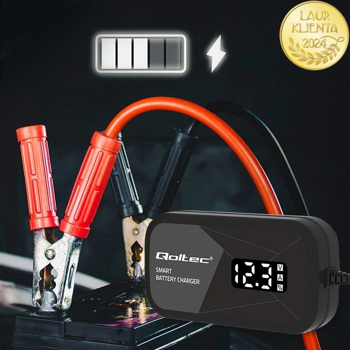 *Qoltec 52492 Inteligentní 12V Mikroprocesorová Nabíječka s LCD | 2A | Regenerace AGM GEL Baterií