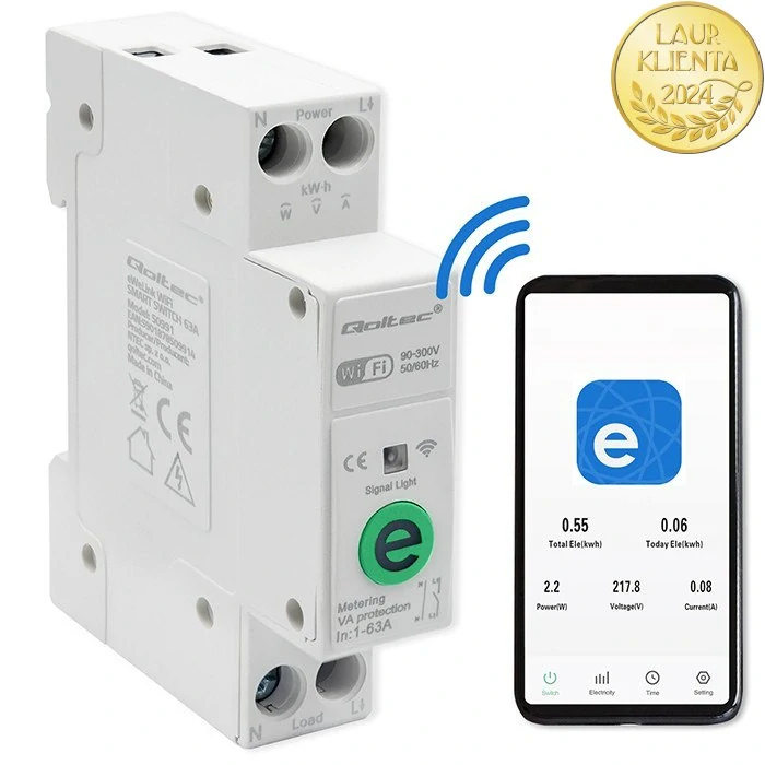 Qoltec 50991 Relé Qoltec 63A na DIN lištu s elektroměrem | eWeLink od Sonoffa | Wi-Fi | LED dioda
