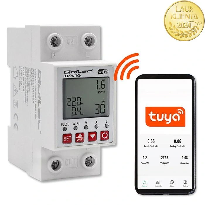 *Qoltec 50990 Relé Qoltec 63A na DIN lištu s elektroměrem | Časovač | Tuya  | Wi-Fi | LED