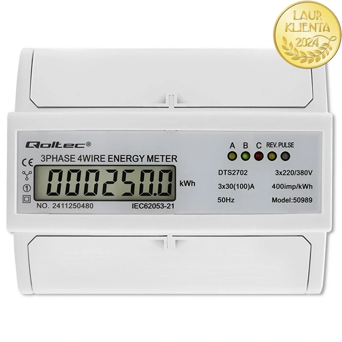 Qoltec 50989 Qoltec Třífázový obousměrný elektronický elektroměr | Měřič spotřeby energie na DIN lištu | 400V | 100A | LCD | 4P