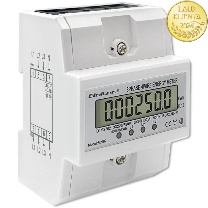 *Qoltec 50992 Třífázový elektronický elektroměr Qoltec | Měřič spotřeby energie na DIN lištu | 400V | 100A | LCD | 4P
