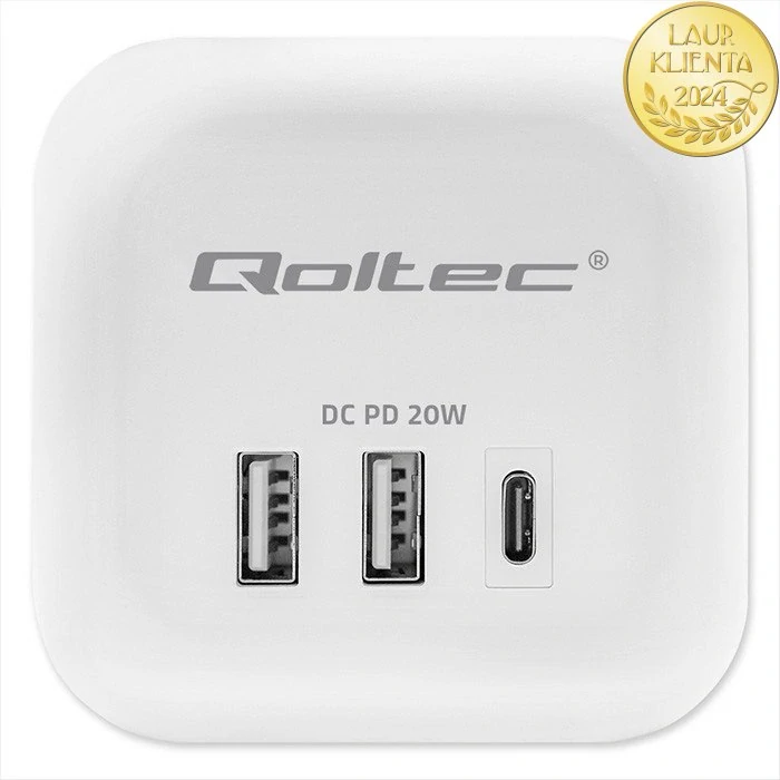 *Qoltec 52548 Napájecí kostka 6v1 | 3× AC zásuvky + 2× USB + 1× USB-C PD 20W | Bílá