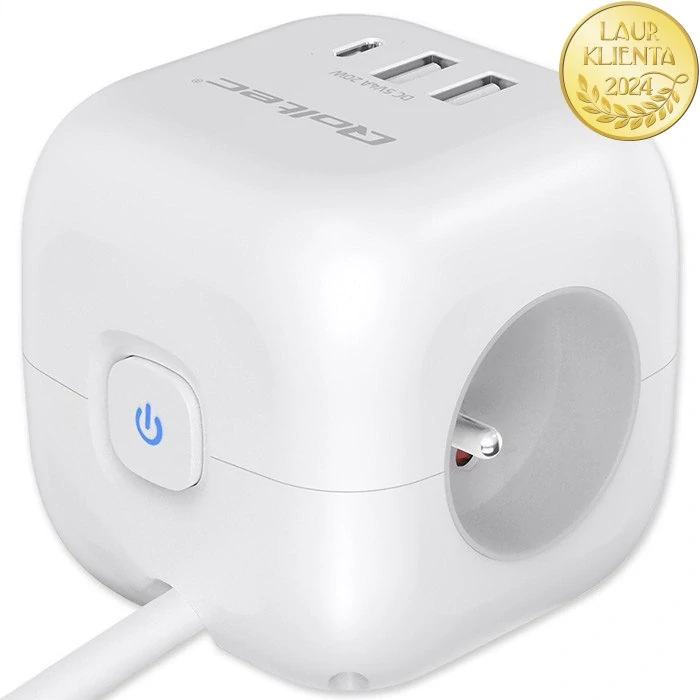 *Qoltec 52547 Napájecí kostka 6v1 | 3× AC zásuvky + 2× USB + 1× USB-C PD 20W | Bílá | Kabel 2m