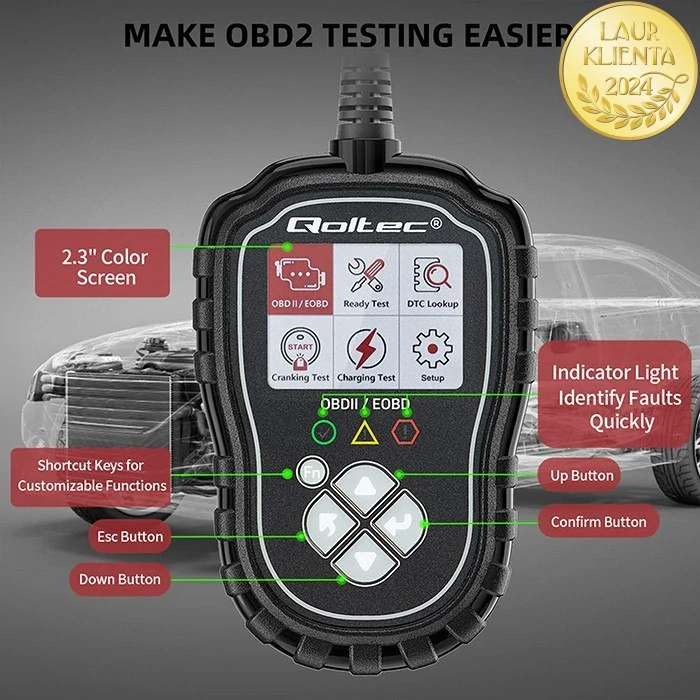 *Qoltec 50685 Digitální diagnostický tester Qoltec ProLine | OBD2 EOBD | 8V-25V | Duální systém