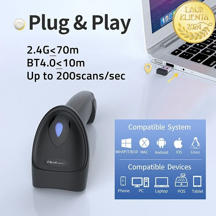 Qoltec 50880 Čtečka čárových kódů a QR kódů Qoltec | 1D 2D | USB | Bluetooth
