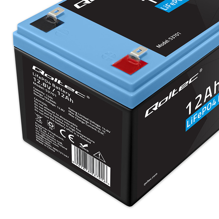 *Qoltec 53701 LiFePO4 lithiová železná fosfátová baterie | 12,8 V | 12 Ah | 153,6 Wh | BMS