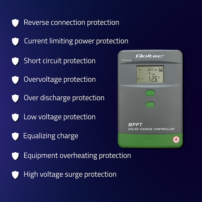 *Qoltec 53665 MPPT solární regulátor 60A | Ovládání přes Bluetooth aplikaci v mobilu | 12V / 24V | LCD | AGM / GEL / LiFePO₄