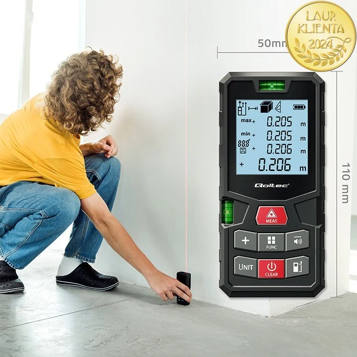 *Qoltec 50687 Precise Digital Laserový dálkoměr s nivelací | Podsvícený LCD | 120m