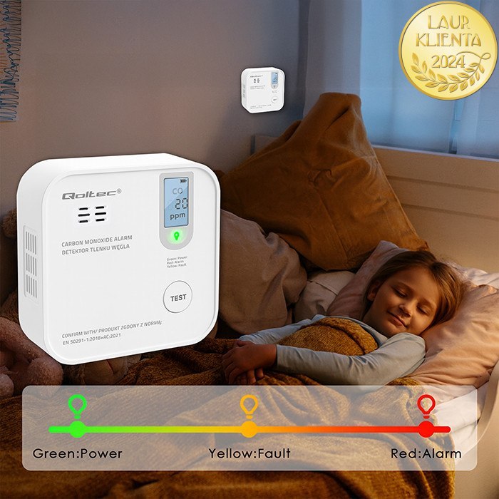 Qoltec 52577 Bezdrátový detektor oxidu uhelnatého (CO) s certifikací – bateriový, alarm 85 dB, životnost senzoru 10 let