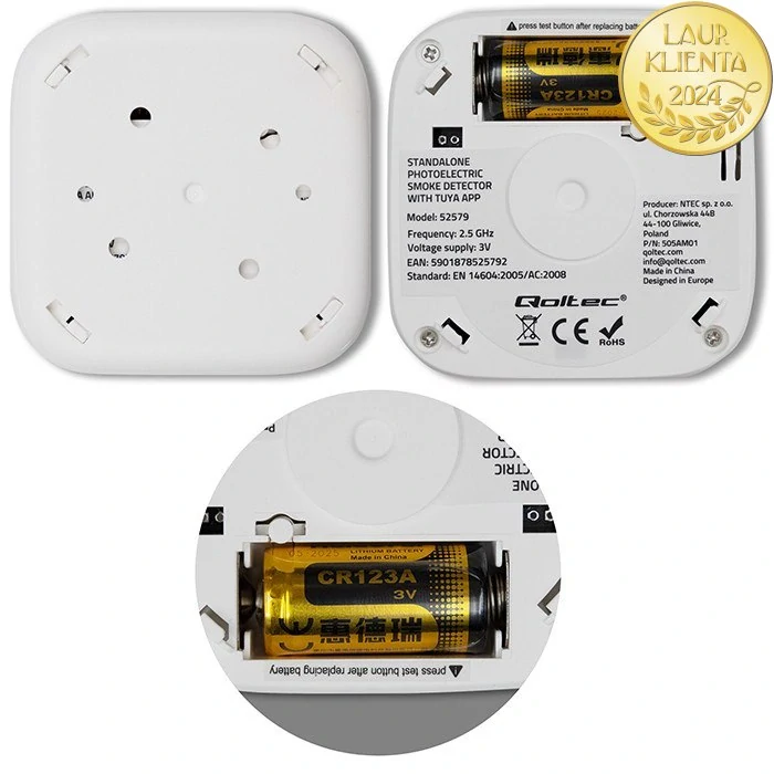 *Qoltec 52579 Bezdrátový detektor kouře Wi-Fi Tuya s LED indikací | Certifikovaný alarm 85 dB | Životnost senzoru 10 let | Baterie součástí