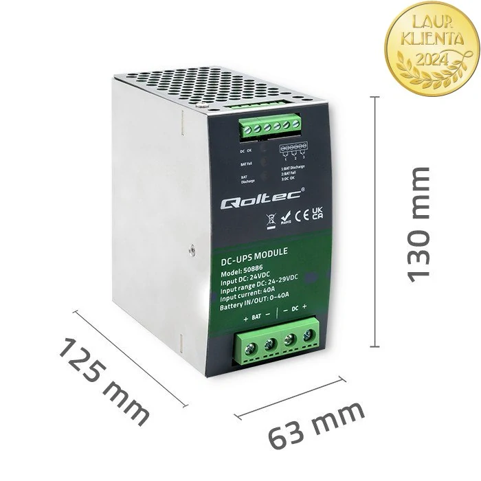 Qoltec 50886 | DC-UPS modul na DIN lištu 24 V / 40 A – automatické zálohování z baterie