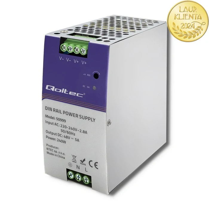 Qoltec 50999 – Průmyslový napájecí zdroj na DIN lištu 240 W / 48 V / 5 A