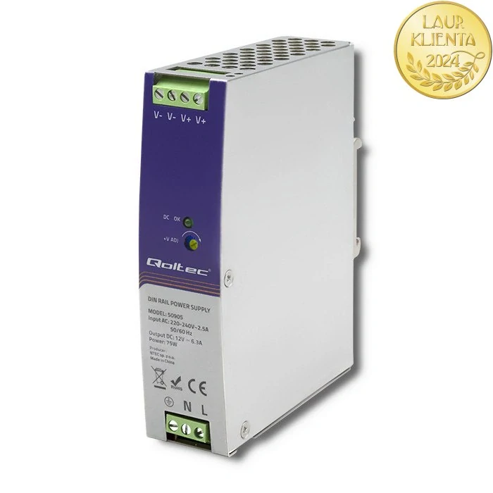 Qoltec 50905 – Průmyslový napájecí zdroj na DIN lištu 75 W / 12 V / 6,3 A