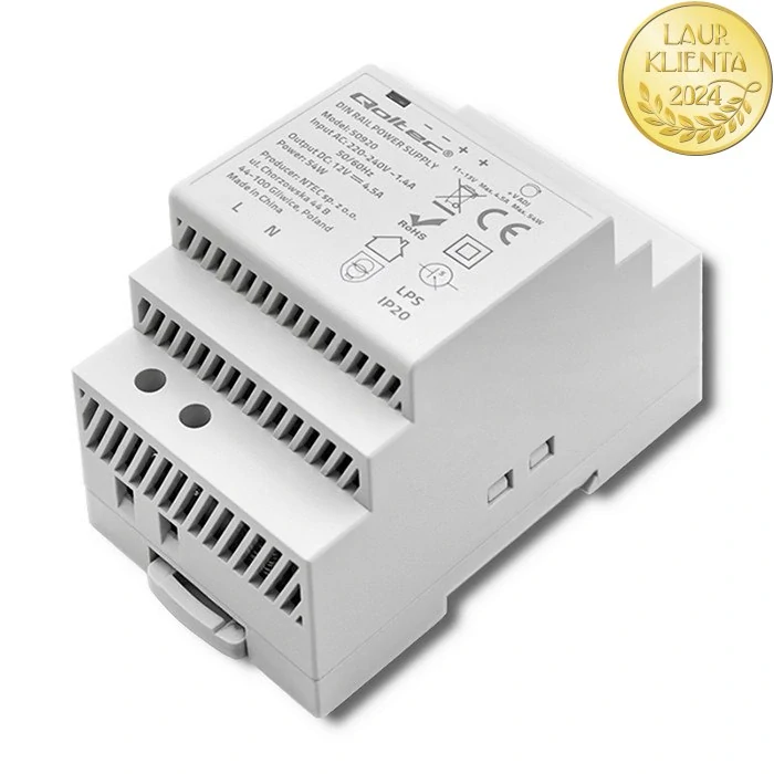 Qoltec 50920 – Průmyslový napájecí zdroj na DIN lištu 54 W / 12 V / 4,5 A / Šedý