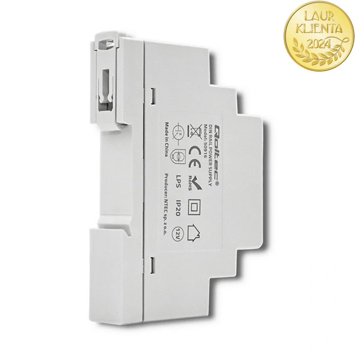Qoltec 50916 – Průmyslový napájecí zdroj na DIN lištu 15 W / 12 V / 1,25 A / Šedý