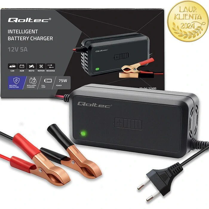 *Qoltec 52495 Inteligentní nabíječka 12 V 5 A | Automatická mikroprocesorová nabíječka AGM / GEL / SLA baterií | 6-krokové nabíjení | Ochrana proti přebití a přepólování