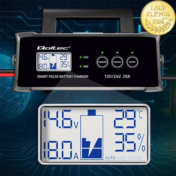 *Qoltec 52514 Mikroprocesorová nabíječka 12 V 25A / 24 V 12A s LCD a funkcí opravy AGM GEL SLA WET od 20Ah do 300Ah