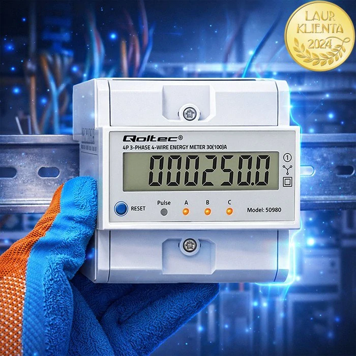 *Qoltec 50980 Qoltec Třífázový elektronický elektroměr s resetem | Elektroměr na DIN lištu | 400V | 100A | LCD | LED | 4P