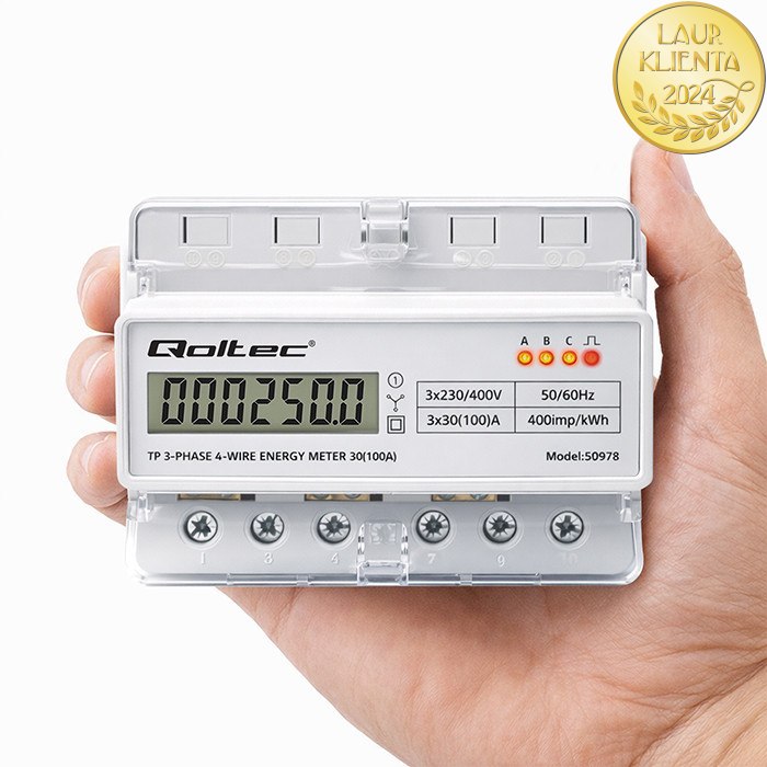 *Qoltec 50978 QOLTEC Třífázový elektronický elektroměr | Elektroměr na DIN lištu | 400V | 100A | LCD | LED | 7P
