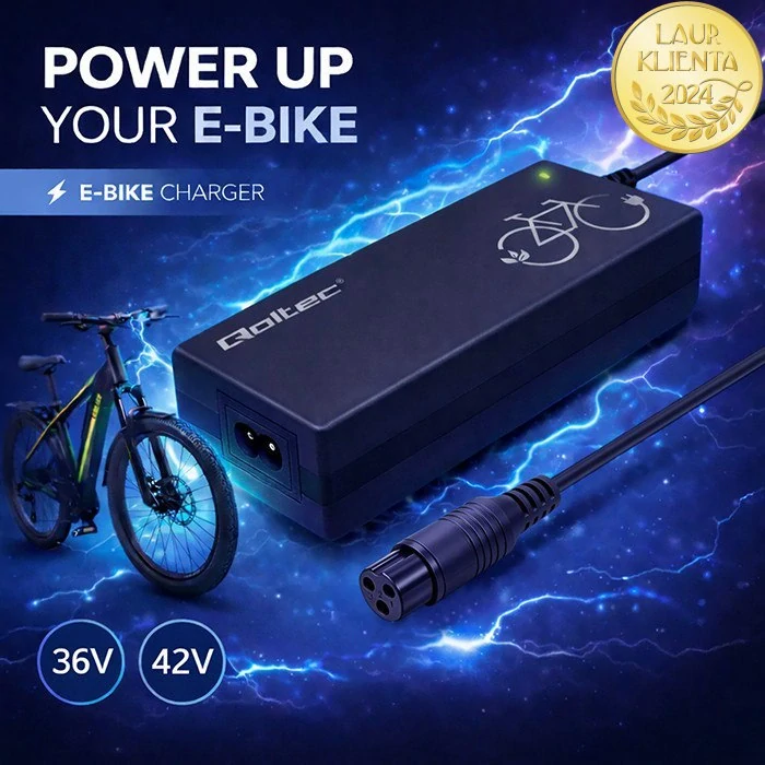*Qoltec 52618 Nabíječka pro elektrokola Qoltec 42V 2A | 36V e-bike baterie | konektor 3-pin GX16 + napájecí kabel