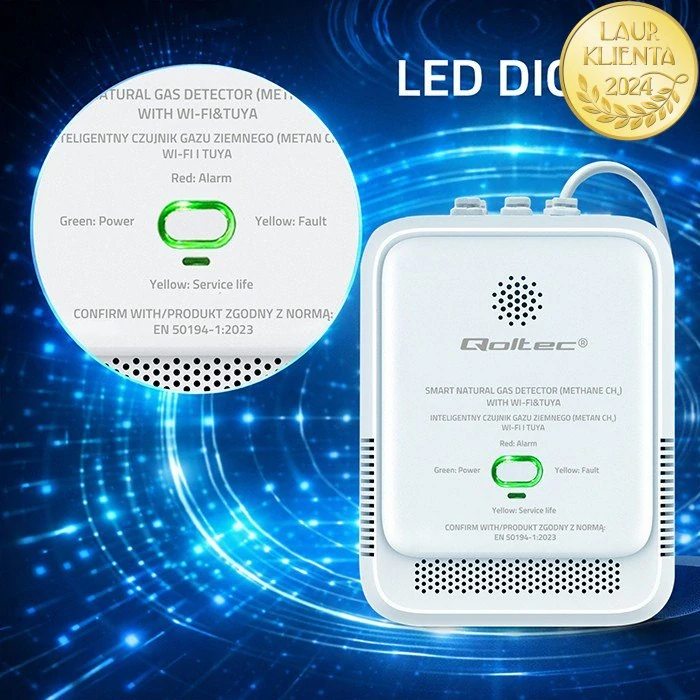 *Qoltec 52651 Qoltec WiFi detektor úniku zemního plynu CH4 | Tuya Smart | Alarm 85 dB | LED indikace