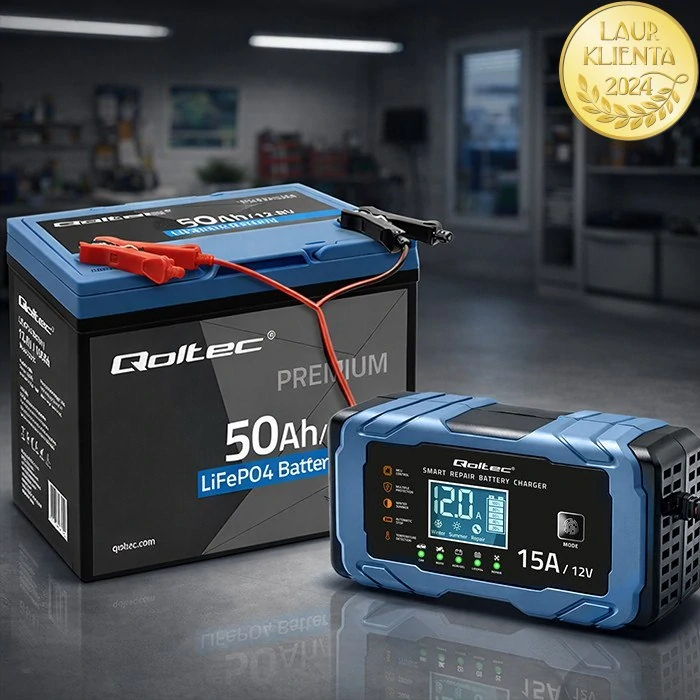*Qoltec 52666 Qoltec Inteligentní nabíječka baterií 12V 15A | AGM, GEL, LiFePO4 | 9-krokové nabíjení