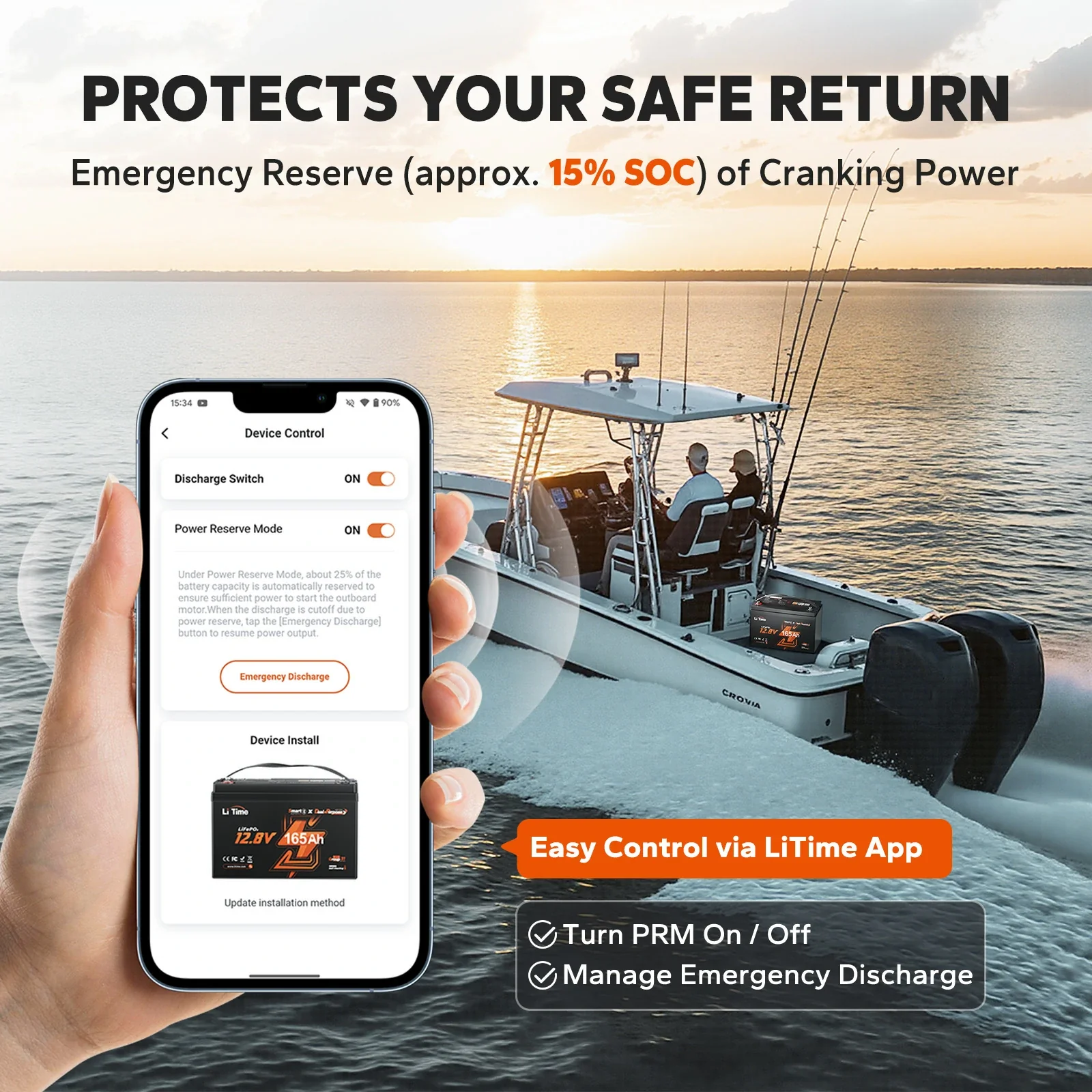 ❄️Baterie LiFePO4 LiTime 12V 165Ah LiFePO4 startovací a trakční baterie 1200 CCA Bluetooth ohřev IP67 pro lodě, čluny a karavany