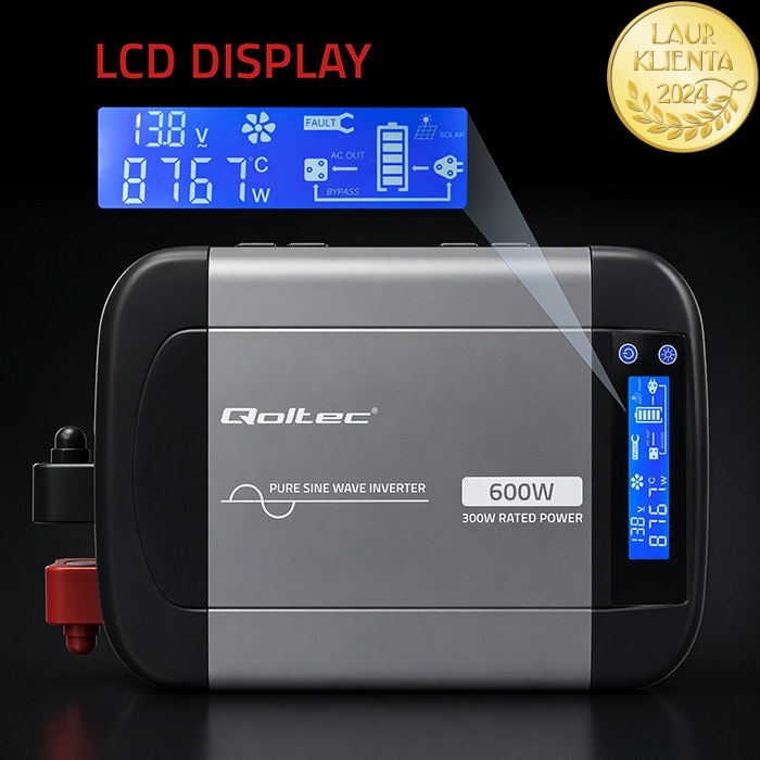 Qoltec 52687 Měnič napětí Qoltec 12V → 230V 300W/600W čistá sinusovka | LCD | USB | USB-C | pro LiFePO4 a AGM baterie