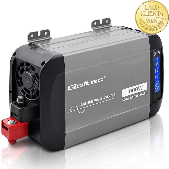Qoltec 52688 Měnič napětí Qoltec 12V → 230V 500W/1000W čistá sinusovka | LCD | USB | USB-C | pro LiFePO4 a AGM baterie