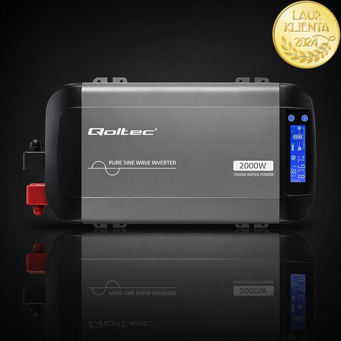 Qoltec 52689 Měnič napětí Qoltec 12V → 230V 1000W/2000W čistá sinusovka | LCD | USB | USB-C | pro LiFePO4 a AGM baterie