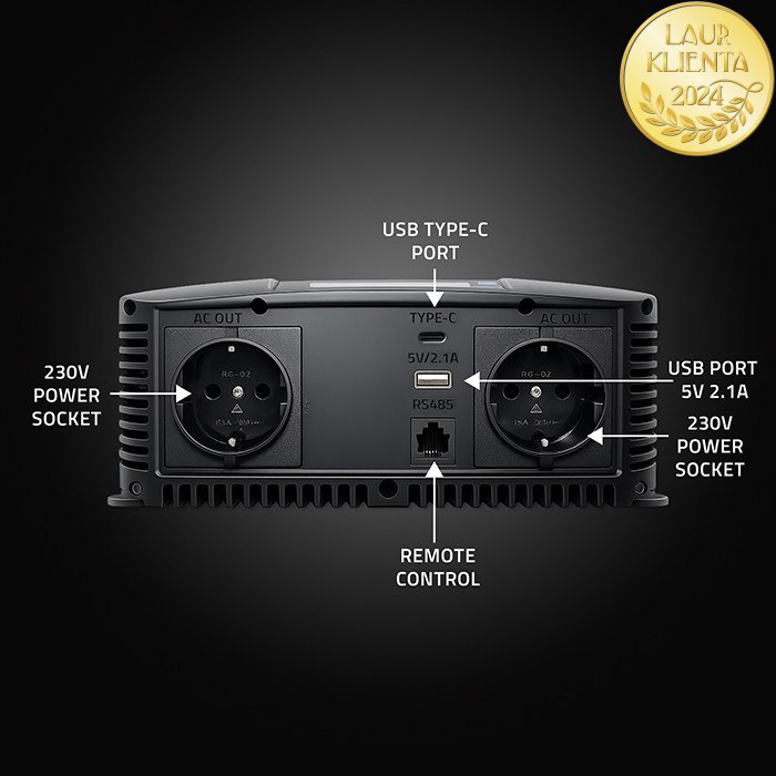 Qoltec 52692 Měnič napětí Qoltec 12V → 230V 2500W/5000W čistá sinusovka | LCD | USB | USB-C | pro LiFePO4 a AGM baterie