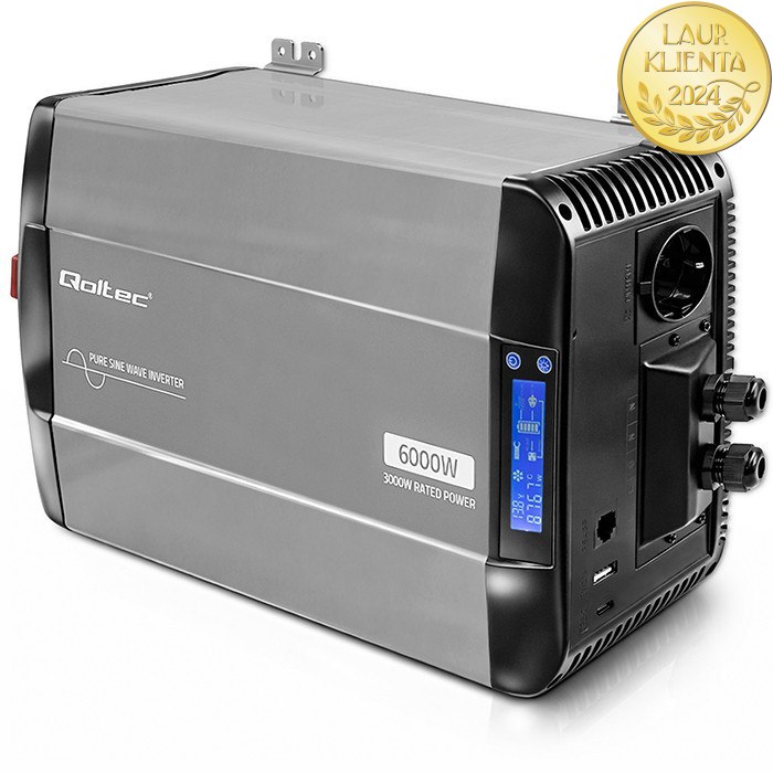 Qoltec 52693 Měnič napětí Qoltec 12V → 230V 3000W/6000W čistá sinusovka | LCD | USB | USB-C | pro LiFePO4 a AGM baterie
