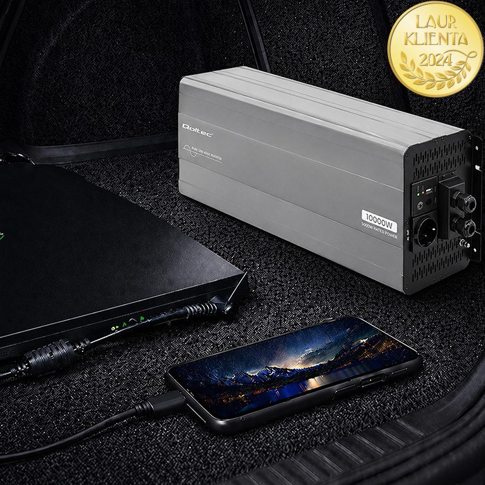 Qoltec 52695 Měnič napětí Qoltec 24V → 230V 5000W/10000W čistá sinusovka | UPS Bypass mode | USB | USB-C | pro LiFePO4 a AGM baterie