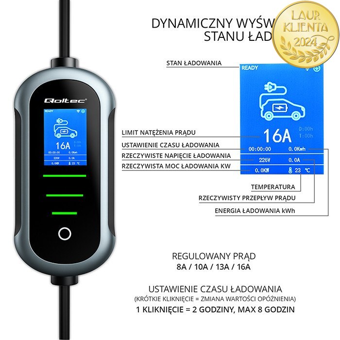Qoltec 52720 Mobilní nabíječka Qoltec 2 v 1 Typ 2 – 11kW | 400 V | CEE 16A | Wi-Fi | TUYA | SMART LIFE | Nastavitelný proud | 5 m kabel