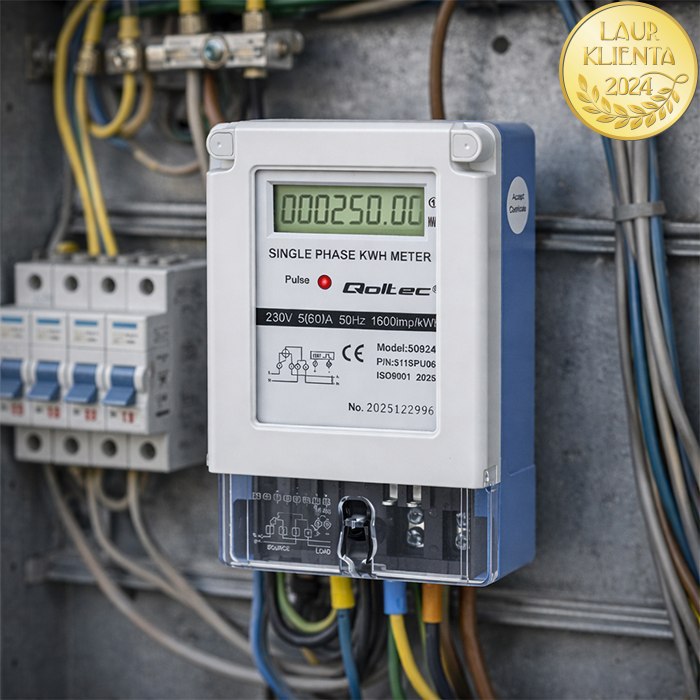 Qoltec 50924 Jednofázový digitální elektroměr 230V 5(60)A LCD | Měřič spotřeby elektrické energie na DIN lištu