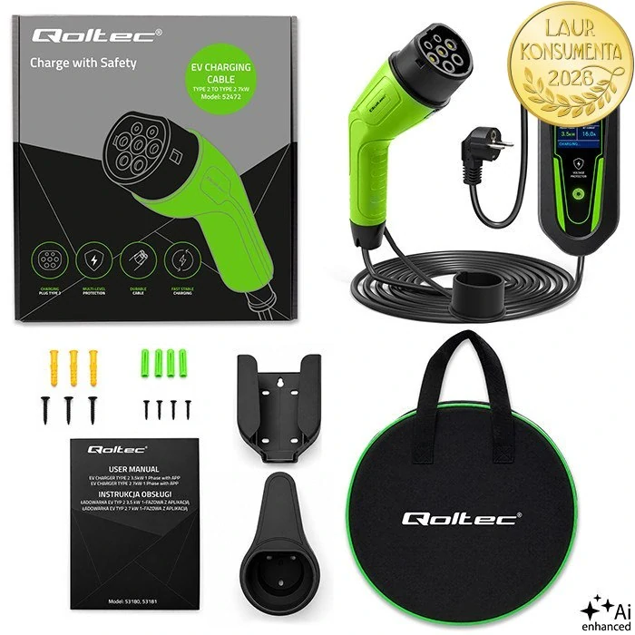 Qoltec 53180 Mobilní nabíječka EV 2v1 Typ 2 | 3,5 kW | 230 V Schuko 16 A | Wi-Fi Tuya Smart Life | 5 m