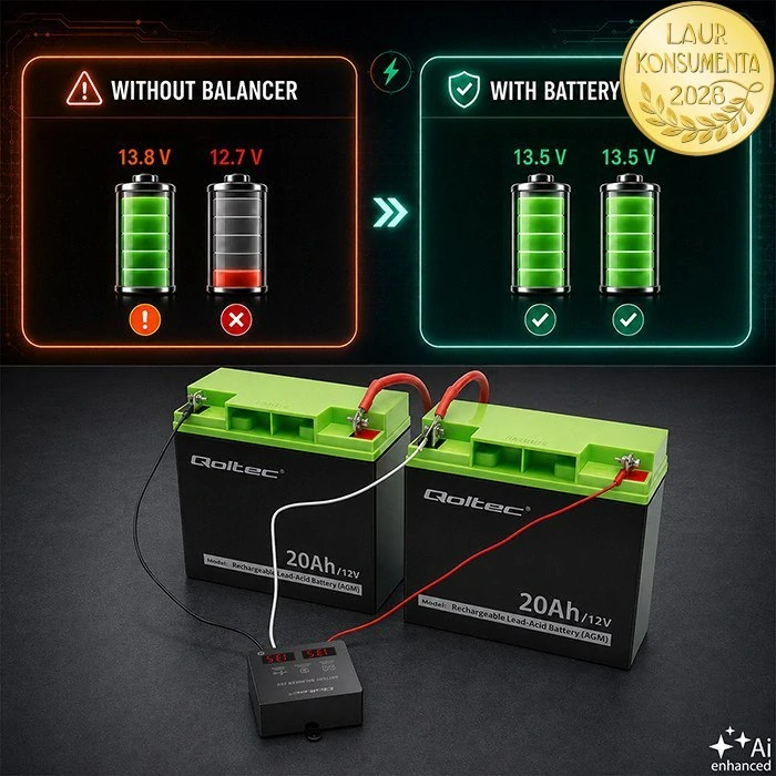 Qoltec 51078 24V napěťový balancer pro 2×12V baterie | 5A | AGM, GEL, LiFePO4 | LED displej