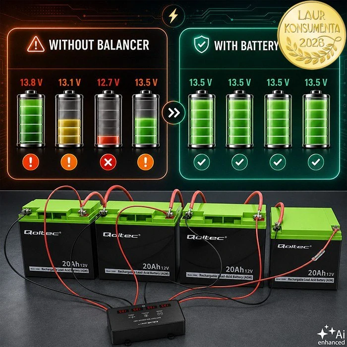 Qoltec 51079 Balancer baterií 48V 4×12V | 10A | LiFePO4 AGM GEL | LED displej